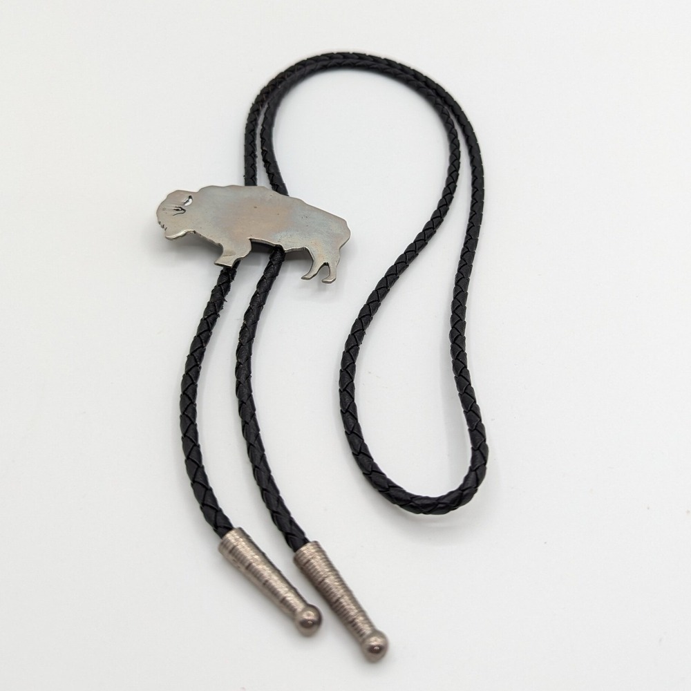 Vintage Handcrafted German Silver Buffalo Bolo Tie Black Braided Cord Bison